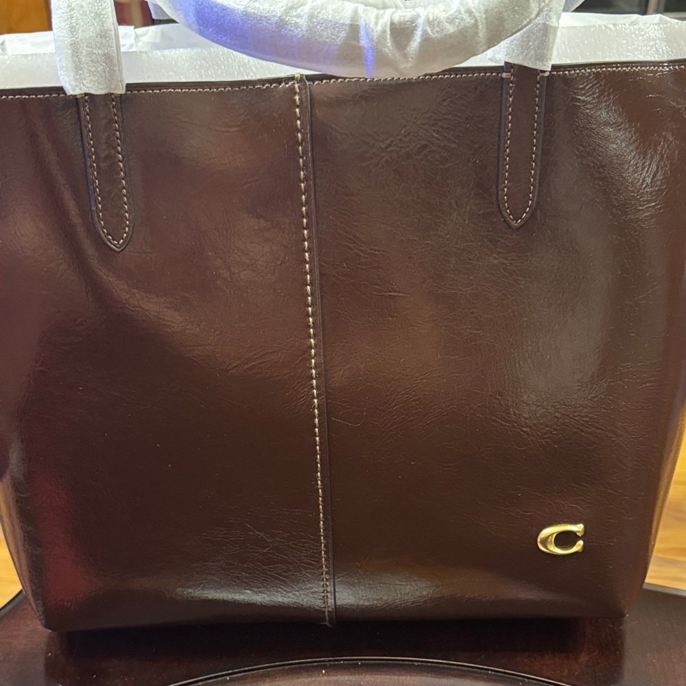 Coach Dark Brown Leather Tote with Gold Accent